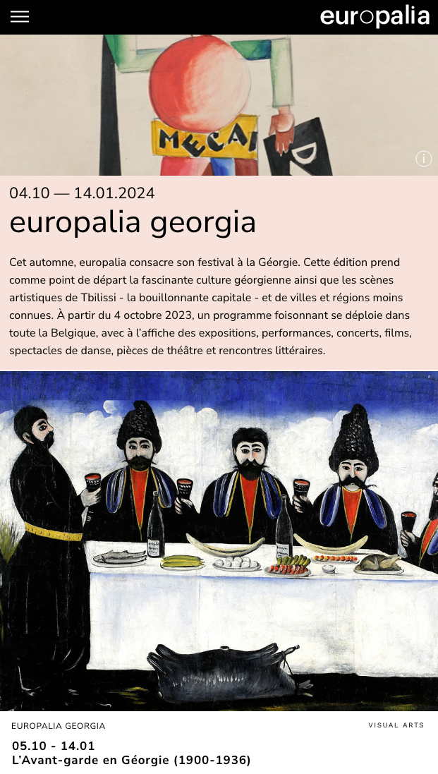Page Internet. Club Richelieu. Festival Europalia Georgia. Exposition L|Avant-garde en Géorgie (1900-1936). 2023-11-03